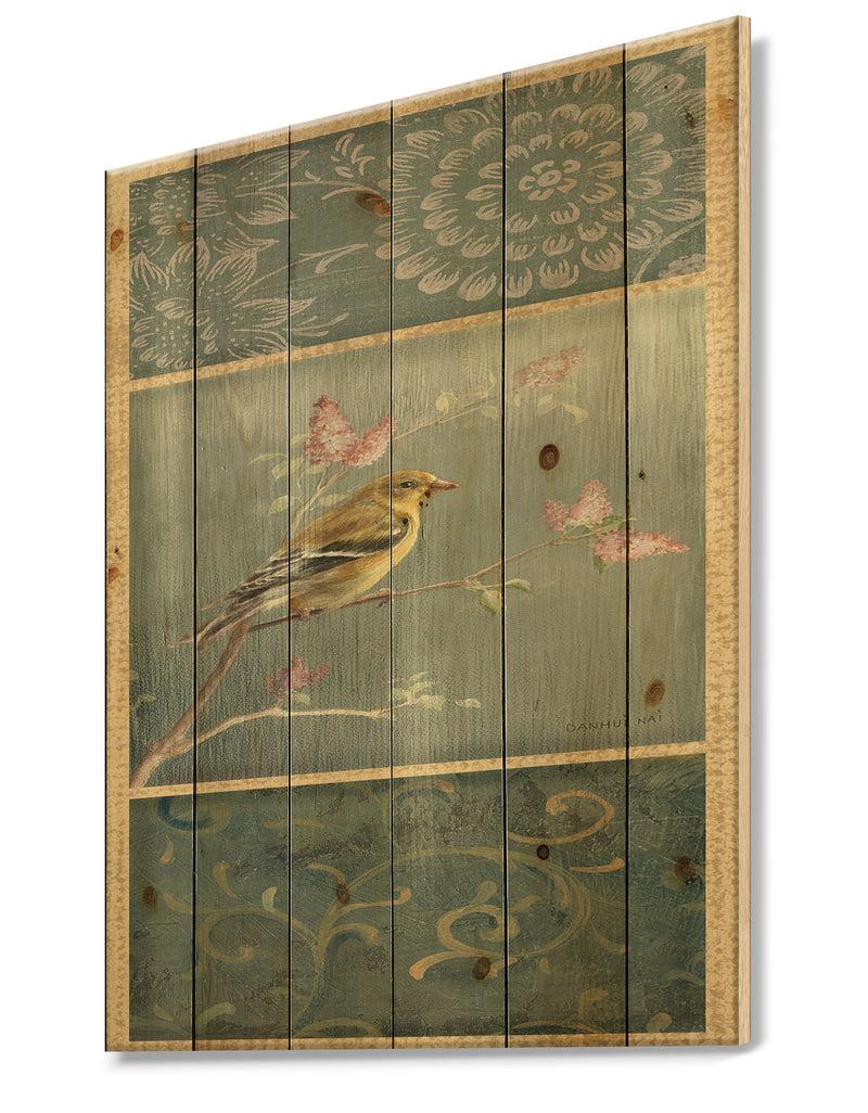 DesignQ Farmhouse Triptych Of Blue Ornaments And Chickadee Goldfinch - Farmhouse Print On Natural Pine Wood
