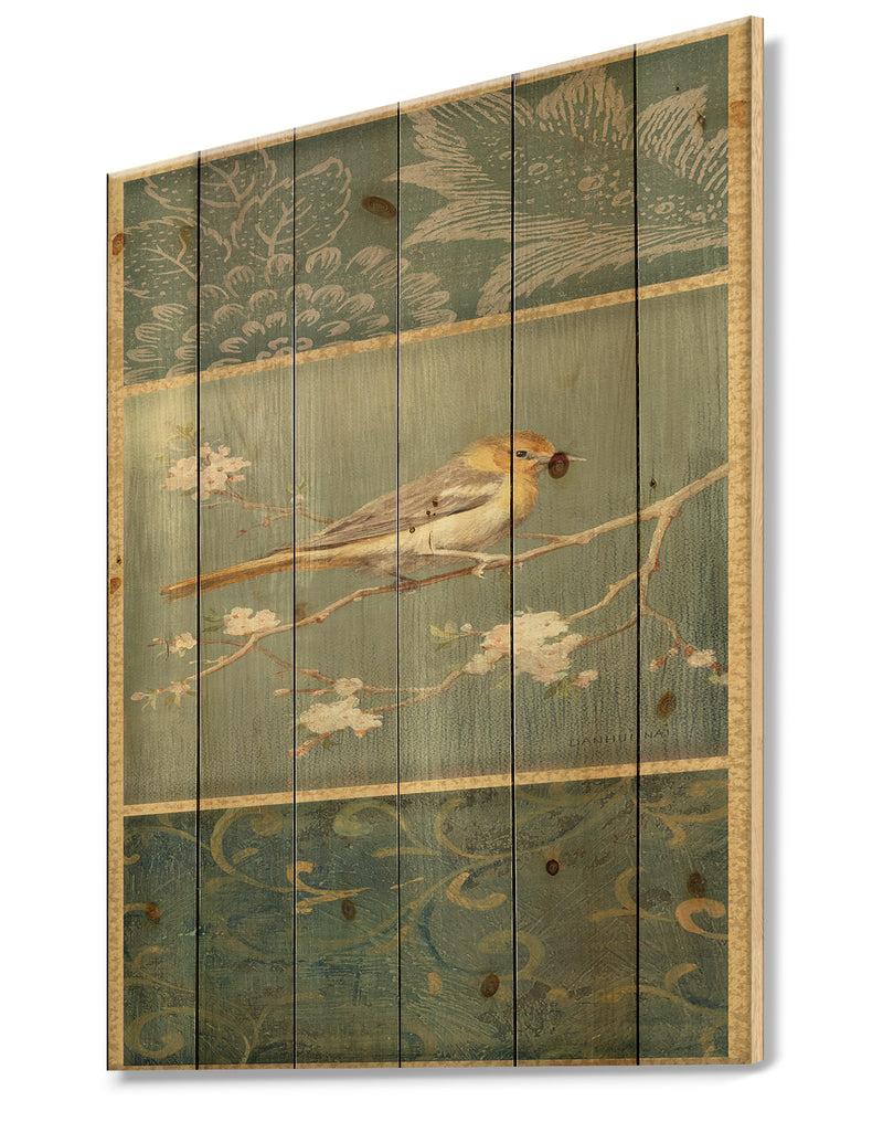 DesignQ Farmhouse Triptych Of Blue Ornaments And Oriole - Farmhouse Print On Natural Pine Wood
