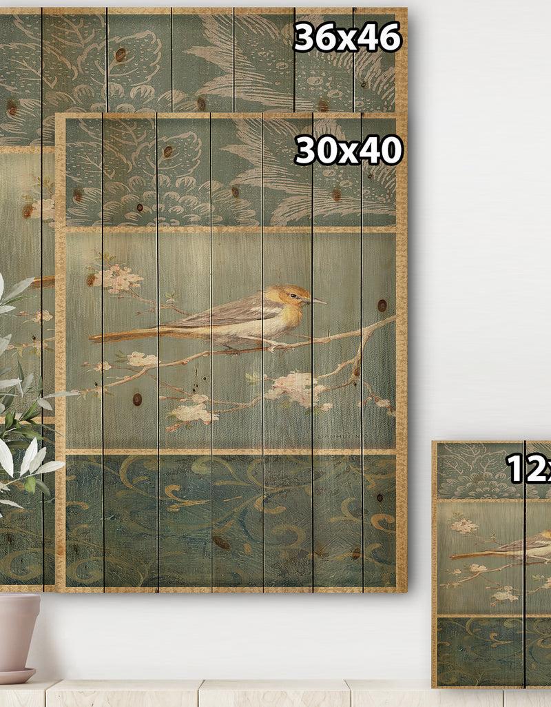 DesignQ Farmhouse Triptych Of Blue Ornaments And Oriole - Farmhouse Print On Natural Pine Wood