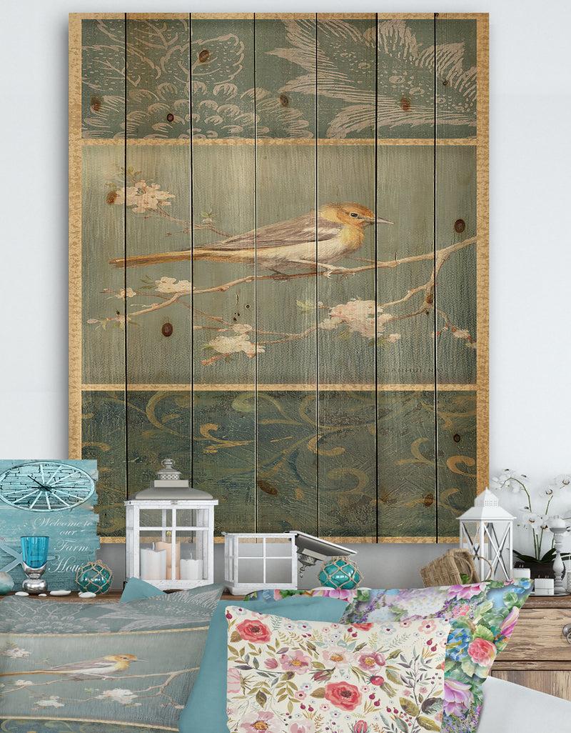 DesignQ Farmhouse Triptych of Blue Ornaments And Oriole - Farmhouse Print on Natural Pine Wood