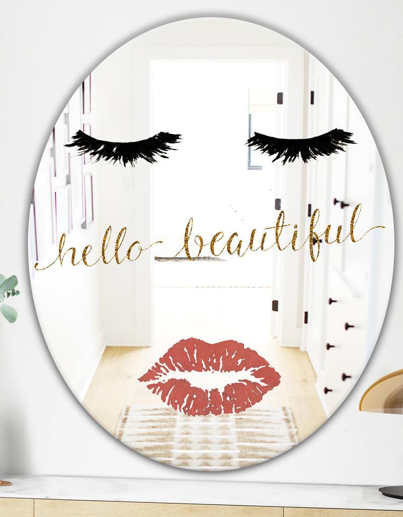 DesignQ Fashion Glam Lips On Gold I - Modern Mirror - Oval And Circle Wall Mirror