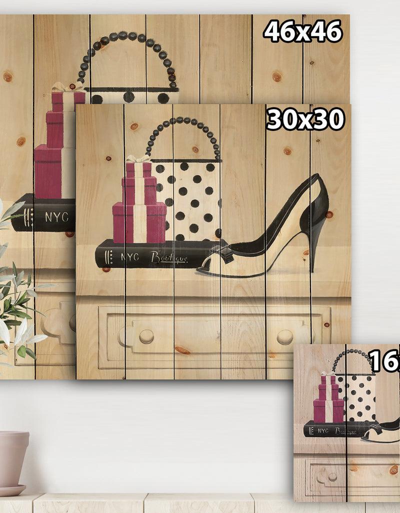 DesignQ Fashion Stiletto And Glamorous Polka Purse - Fashion Print On Natural Pine Wood