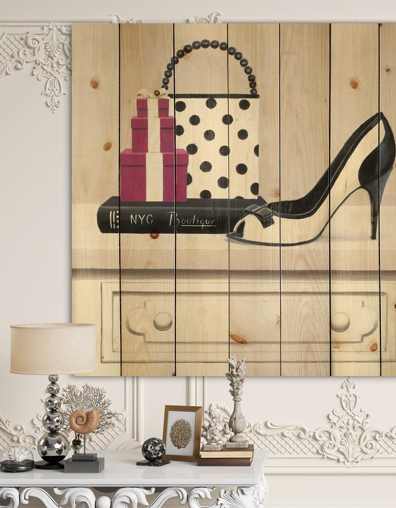 DesignQ Fashion Stiletto and Glamorous Polka Purse - Fashion Print on Natural Pine Wood