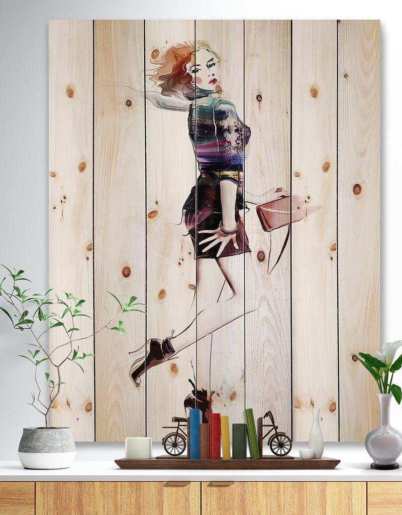 DesignQ Fashionable Young Girl - Abstract Portrait Print on Natural Pine Wood
