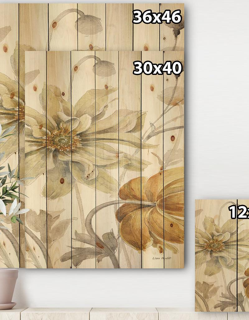 DesignQ Fields Of Gold Watercolor Flower I - Cabin & Lodge Print On Natural Pine Wood
