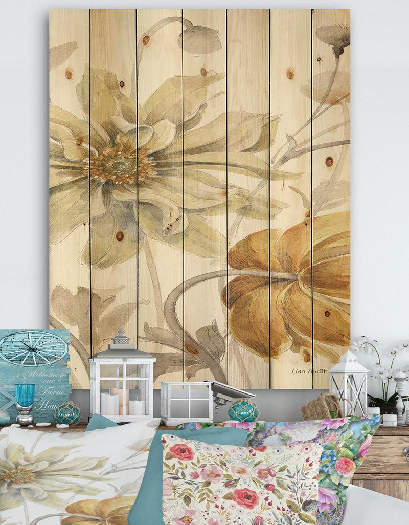 DesignQ Fields of Gold Watercolor Flower I - Cabin & Lodge Print on Natural Pine Wood