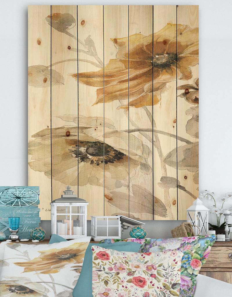 DesignQ Fields of Gold Watercolor Flower II - Cabin & Lodge Print on Natural Pine Wood