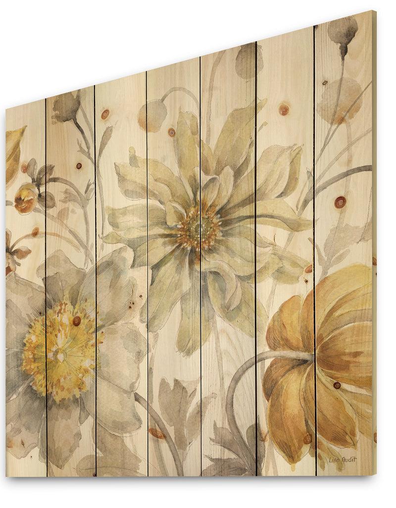 DesignQ Fields Of Gold Watercolor Flower V - Traditional Print On Natural Pine Wood