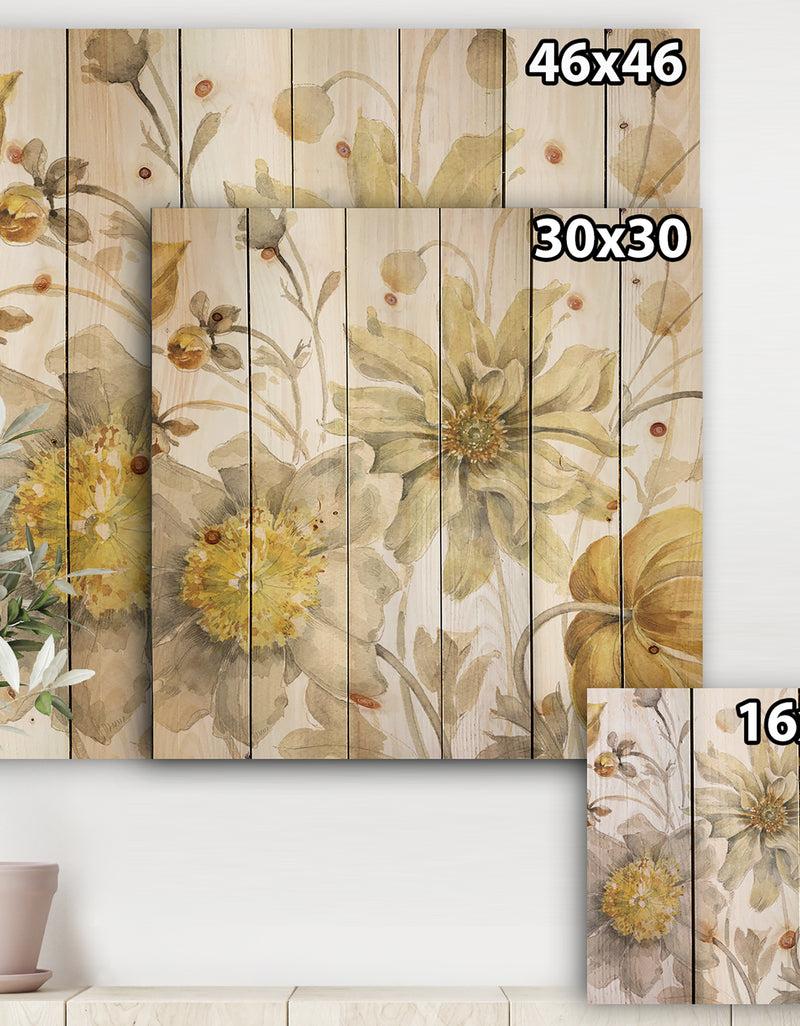 DesignQ Fields Of Gold Watercolor Flower V - Traditional Print On Natural Pine Wood