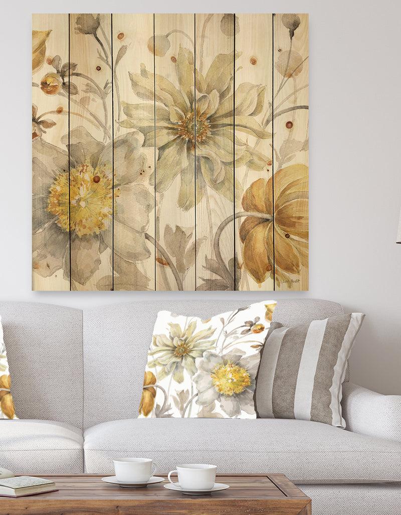 DesignQ Fields of Gold Watercolor Flower V - Traditional Print on Natural Pine Wood