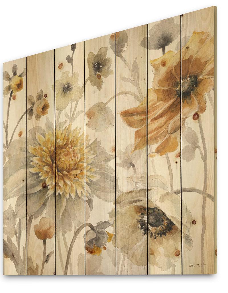 DesignQ Fields Of Gold Watercolor Flower VI - Traditional Print On Natural Pine Wood