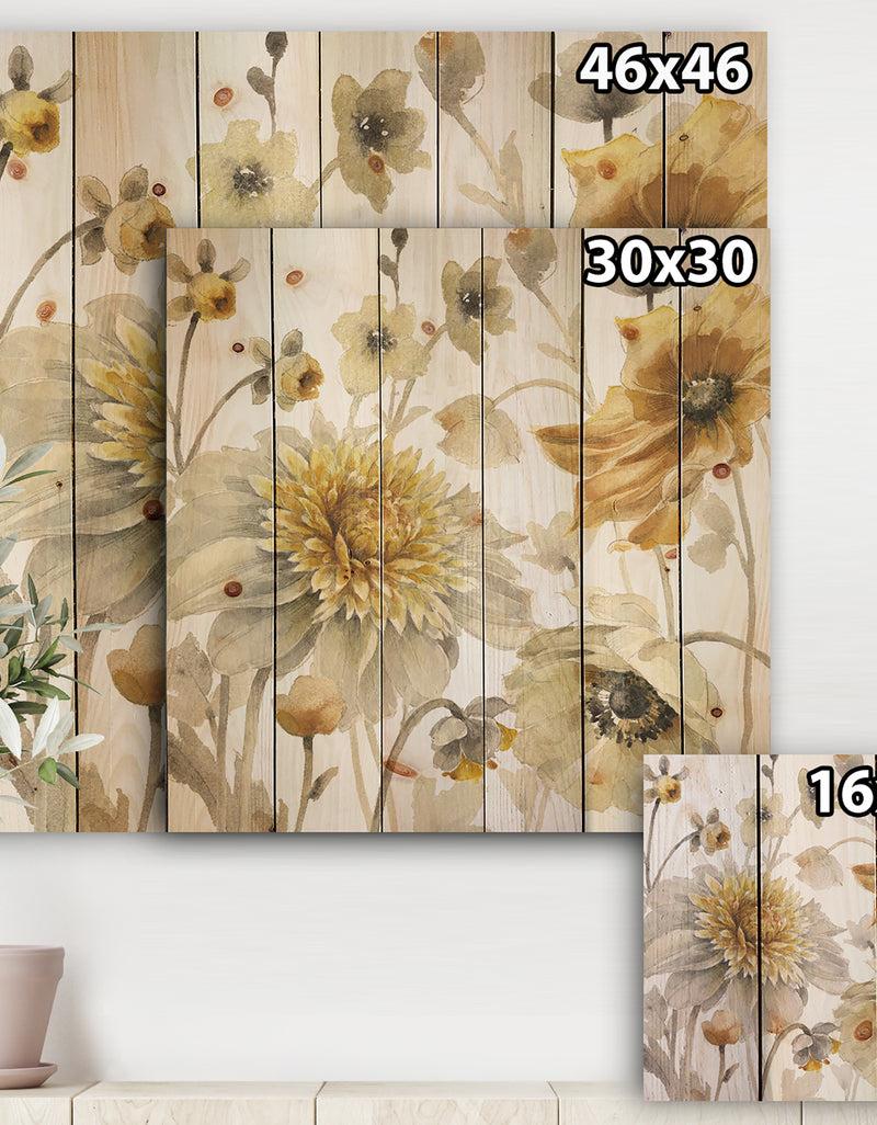 DesignQ Fields Of Gold Watercolor Flower VI - Traditional Print On Natural Pine Wood