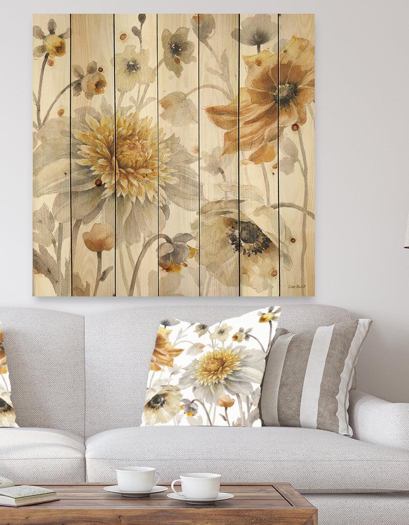 DesignQ Fields of Gold Watercolor Flower VI - Traditional Print on Natural Pine Wood