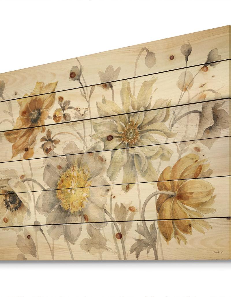 DesignQ Fields Of Gold Watercolor Flower VII - Traditional Print On Natural Pine Wood