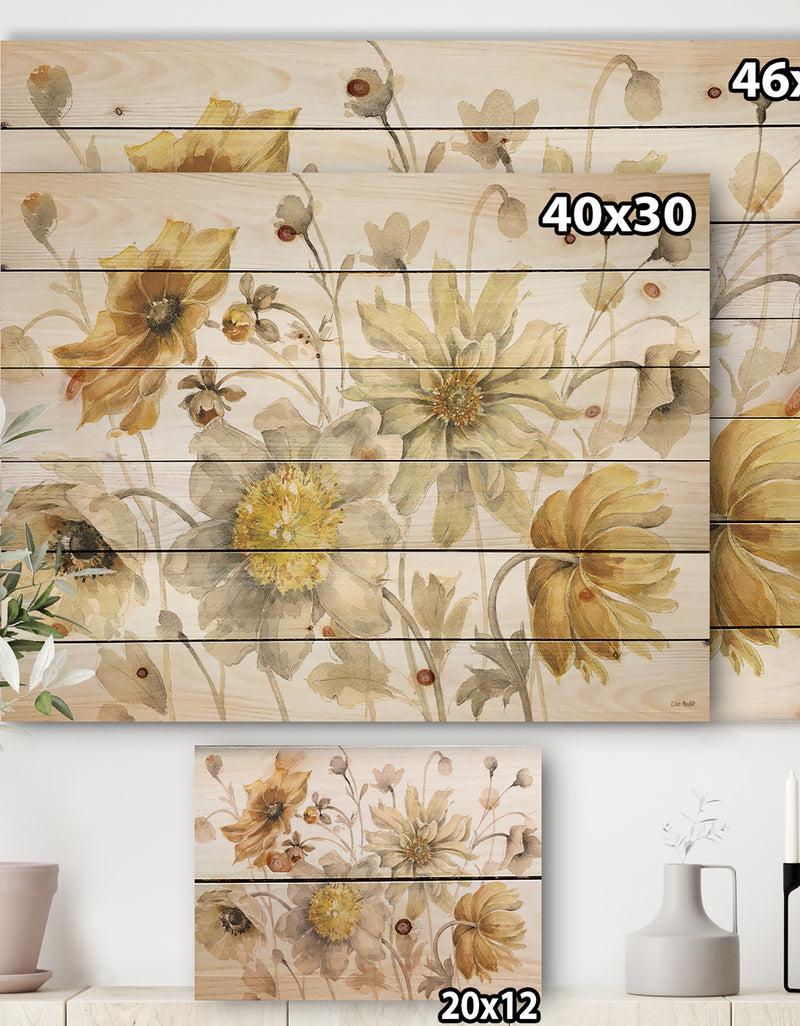 DesignQ Fields Of Gold Watercolor Flower VII - Traditional Print On Natural Pine Wood