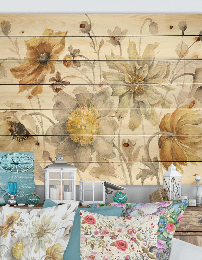 DesignQ Fields of Gold Watercolor Flower VII - Traditional Print on Natural Pine Wood