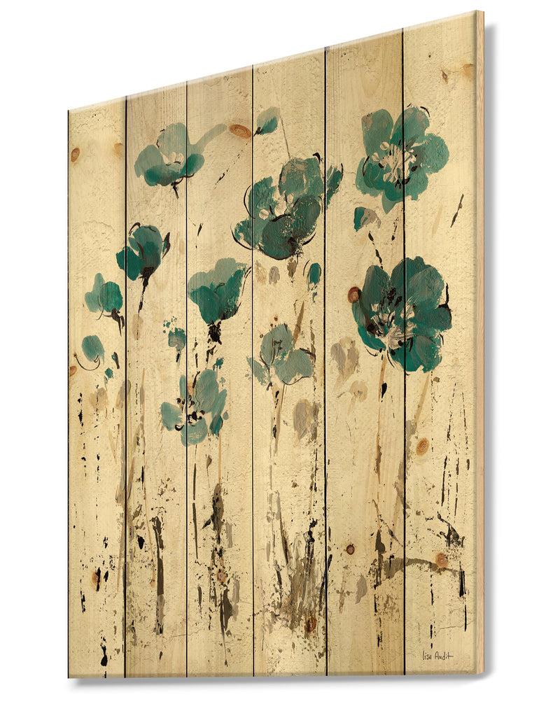 DesignQ Fields Of Turquoise Watercolor Flower I - Traditional Print On Natural Pine Wood