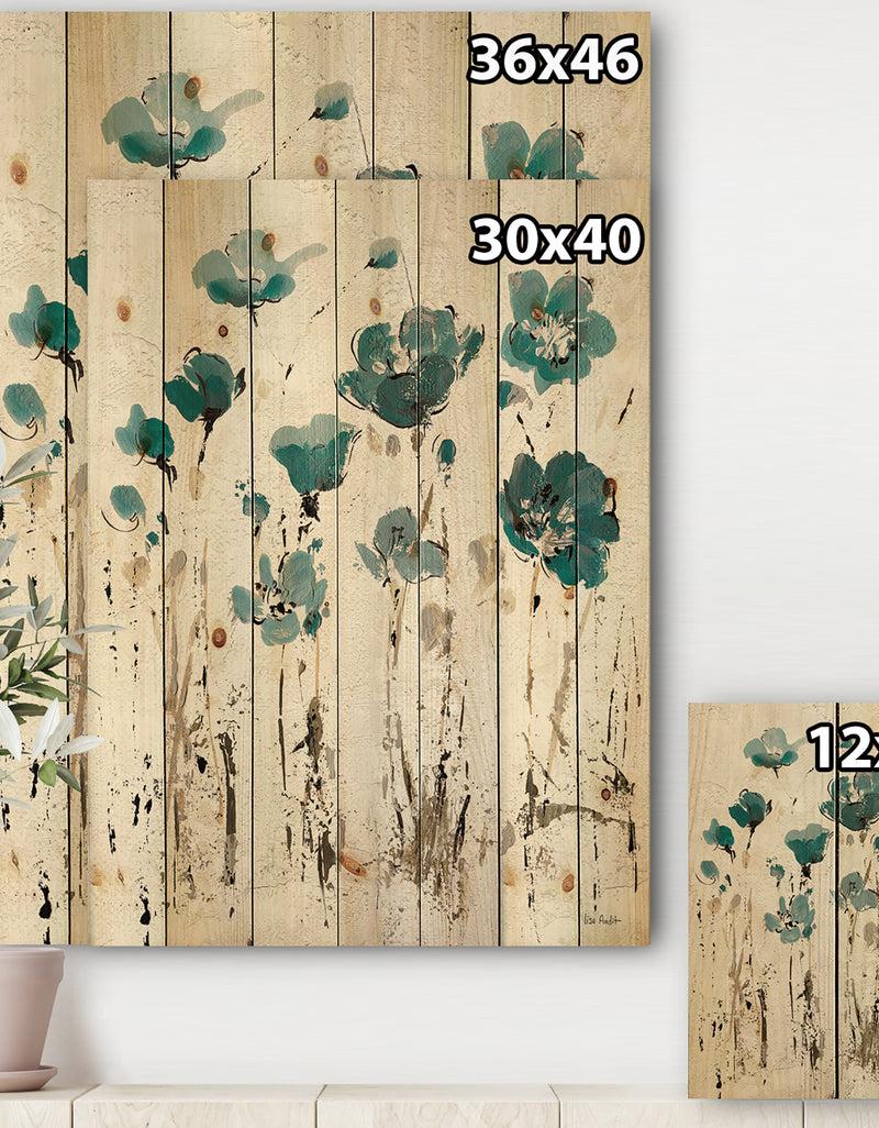 DesignQ Fields Of Turquoise Watercolor Flower I - Traditional Print On Natural Pine Wood