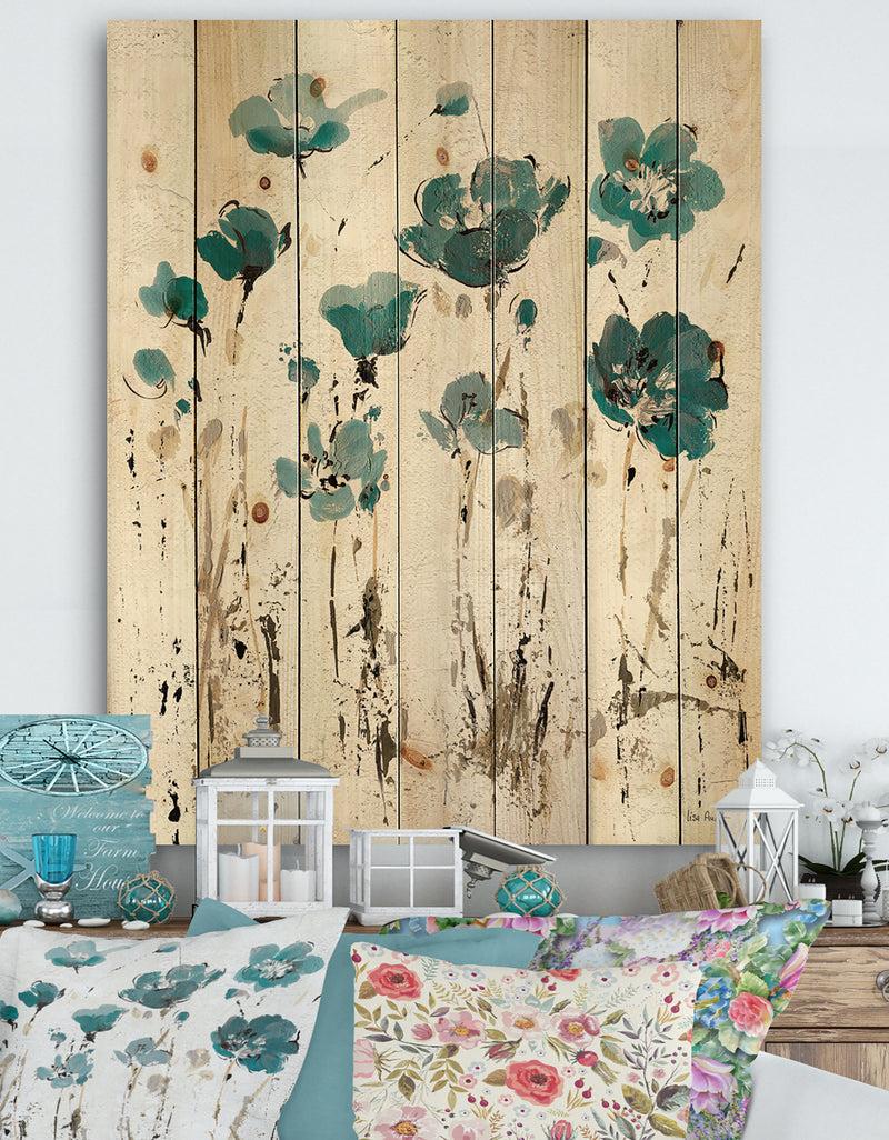 DesignQ Fields of Turquoise Watercolor Flower I - Traditional Print on Natural Pine Wood