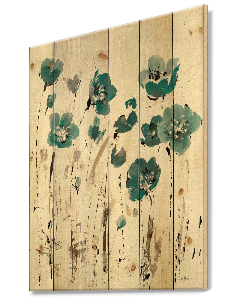 DesignQ Fields Of Turquoise Watercolor Flower II - Traditional Print On Natural Pine Wood