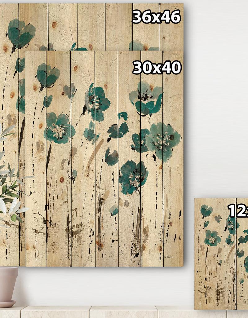 DesignQ Fields Of Turquoise Watercolor Flower II - Traditional Print On Natural Pine Wood