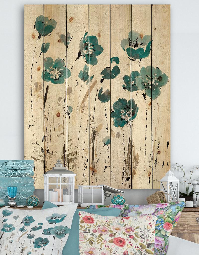 DesignQ Fields of Turquoise Watercolor Flower II - Traditional Print on Natural Pine Wood