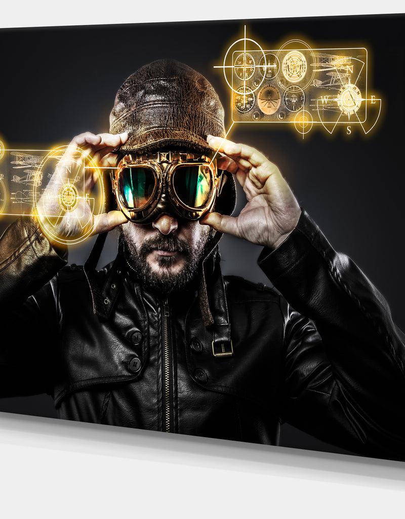 DesignQ Fighter Pilot With Hat And Glasses - Portrait Digital Art Canvas Print