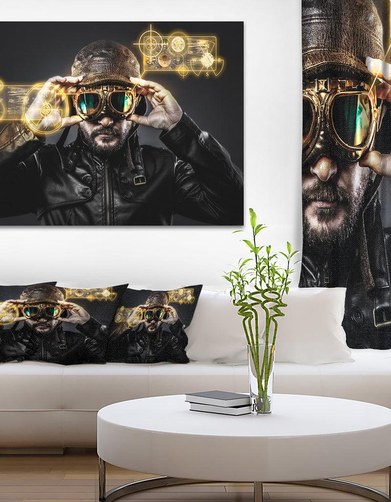 DesignQ Fighter Pilot with Hat and Glasses - Portrait Digital Art Canvas Print