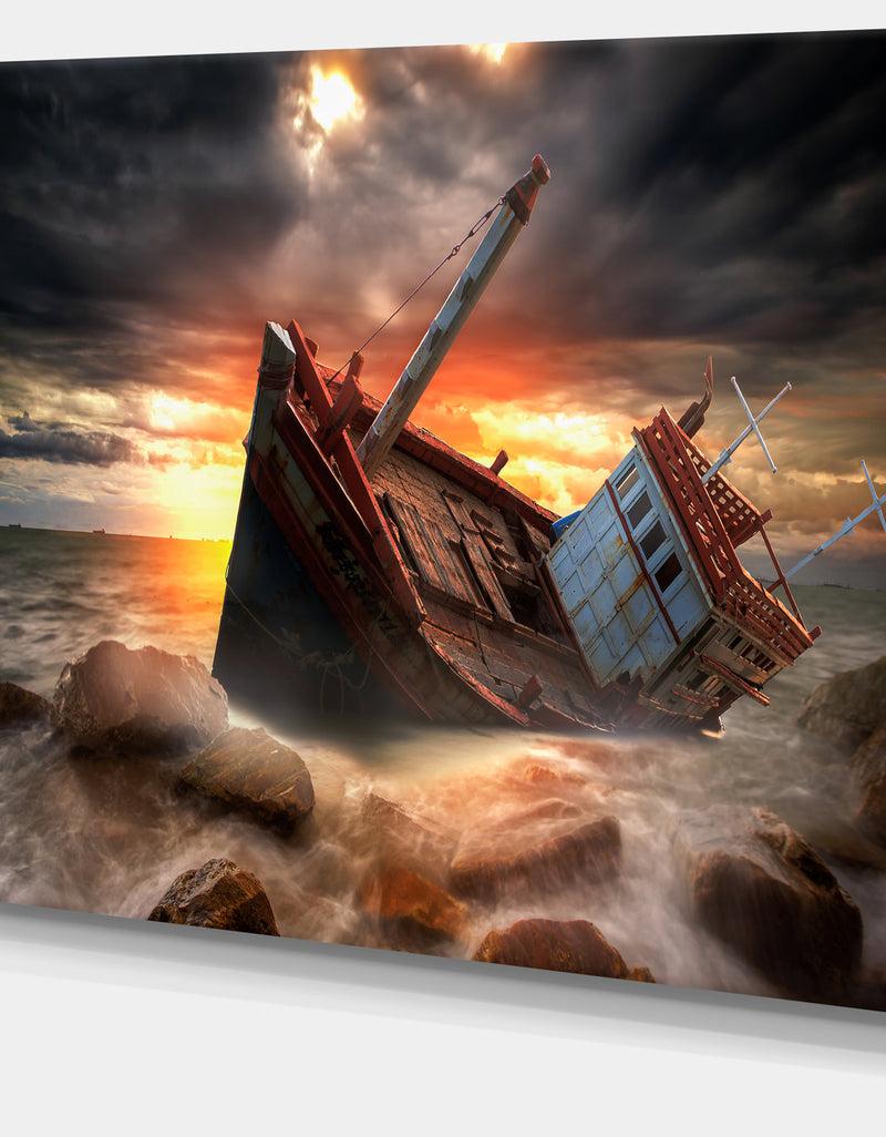 DesignQ Fishing Boat Beached - Landscape Photography Canvas Print