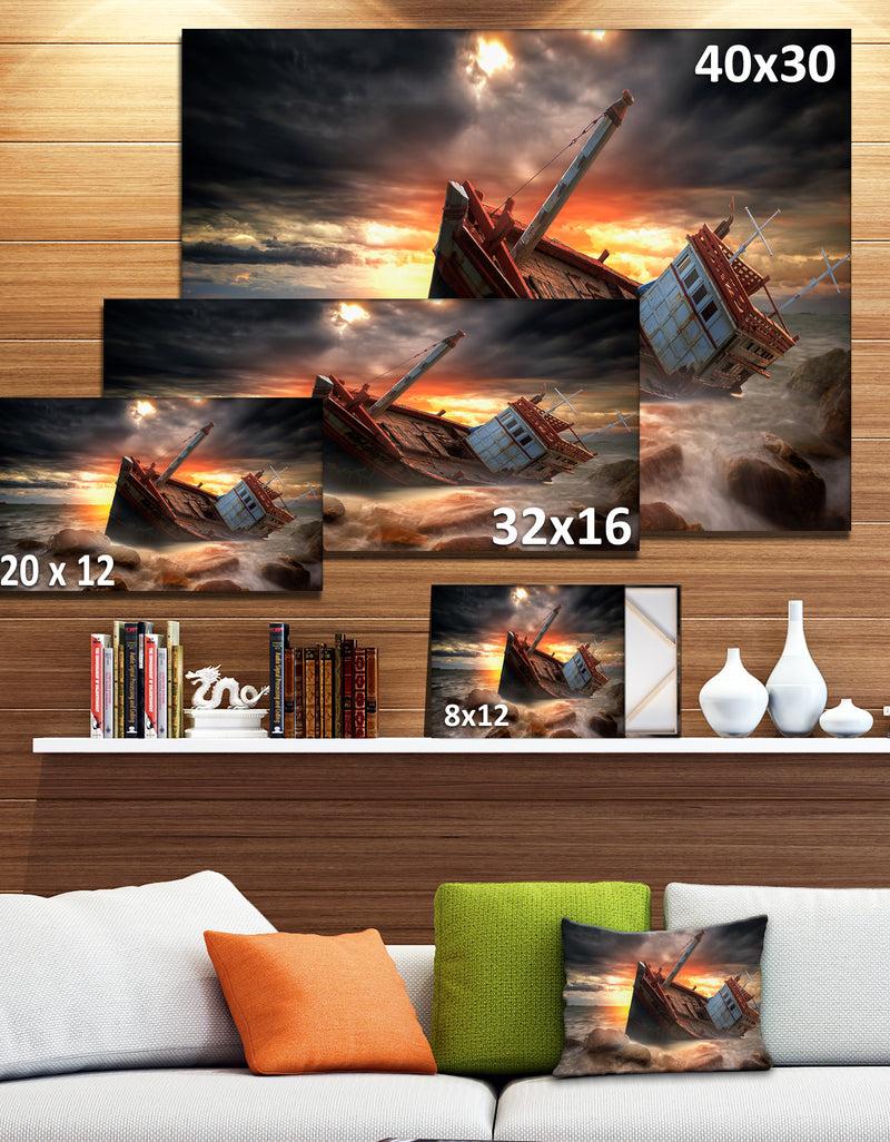 DesignQ Fishing Boat Beached - Landscape Photography Canvas Print