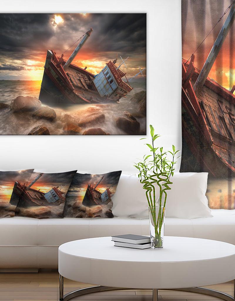 DesignQ Fishing Boat Beached - Landscape Photography Canvas Print