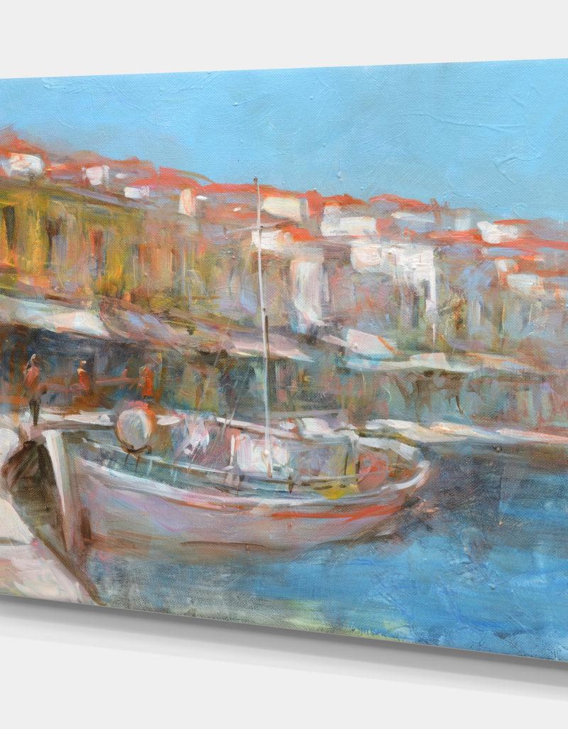 DesignQ Fishing Boat In Croatian Coast - Sea & Shore Painting Print On Wrapped Canvas