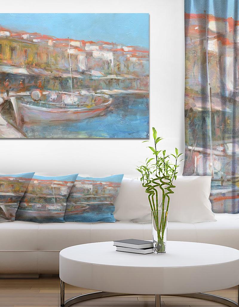 DesignQ Fishing boat in Croatian Coast - Sea & Shore Painting Print on Wrapped Canvas