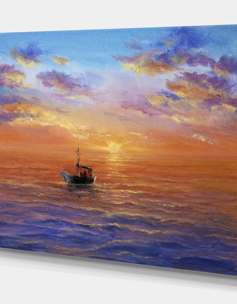 DesignQ Fishing Boat In Golden Sunset - Sea & Shore Painting Print On Wrapped Canvas