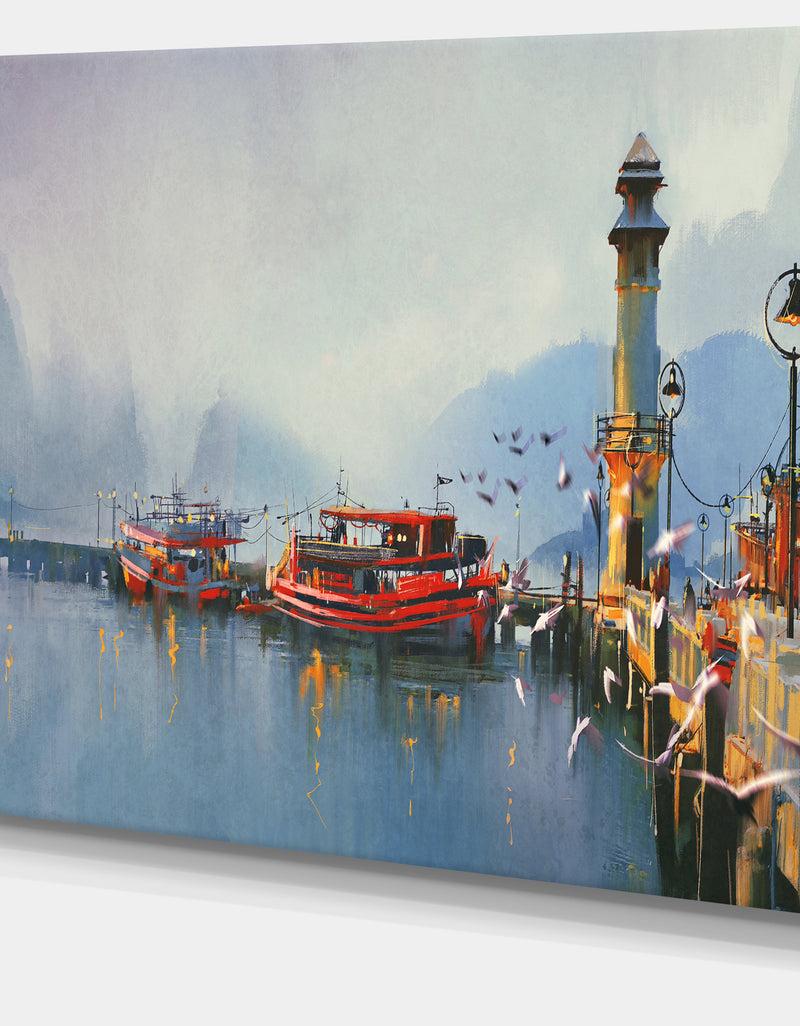 DesignQ Fishing Boats In Harbor - Landscape Painting Canvas Print