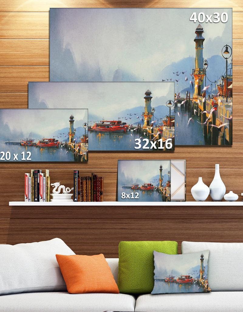 DesignQ Fishing Boats In Harbor - Landscape Painting Canvas Print