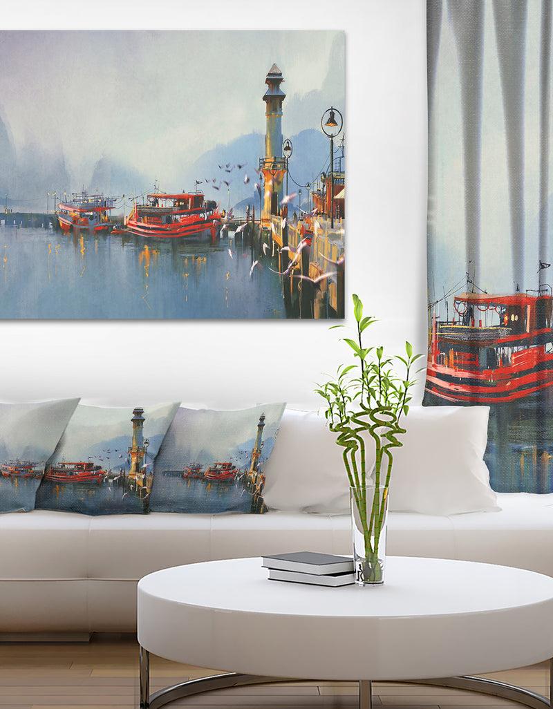 DesignQ Fishing Boats in Harbor - Landscape Painting Canvas Print
