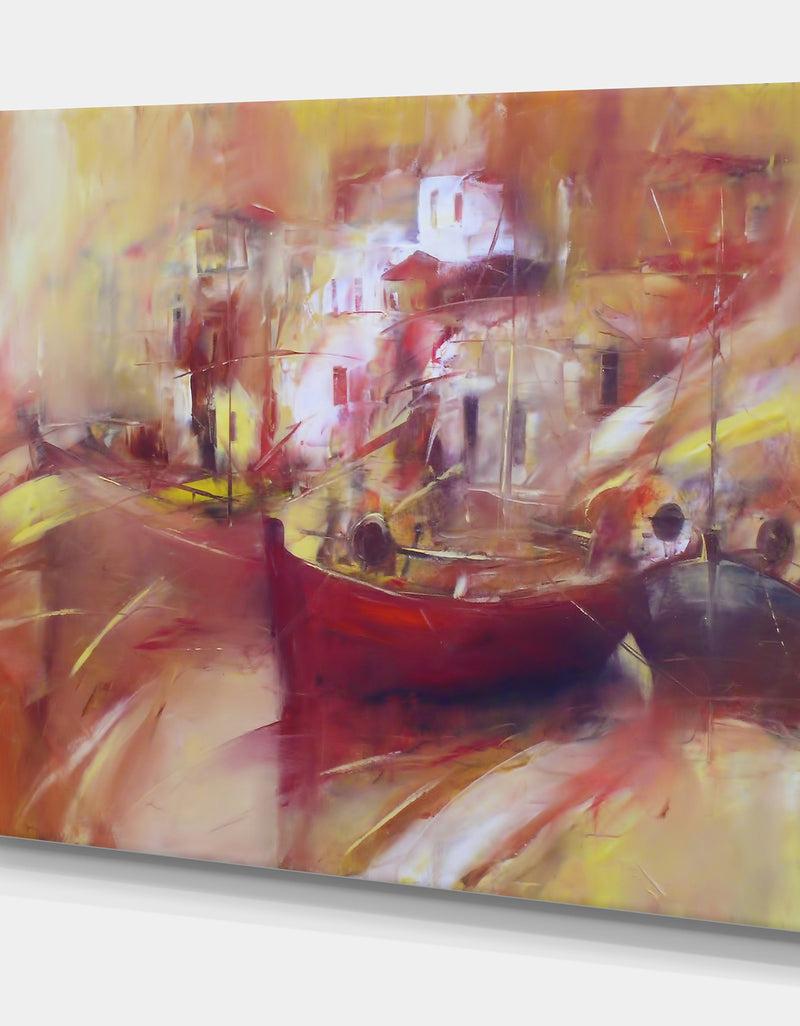 DesignQ Fishing Boats Moored In The Harbor - Nautical Painting Print On Wrapped Canvas