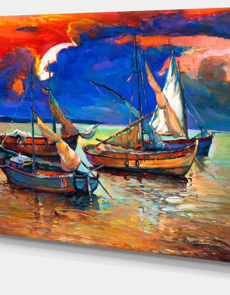 DesignQ Fishing Boats Under Blue Sky - Seascape Painting Canvas Print