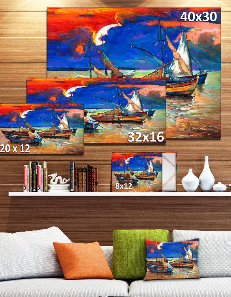 DesignQ Fishing Boats Under Blue Sky - Seascape Painting Canvas Print