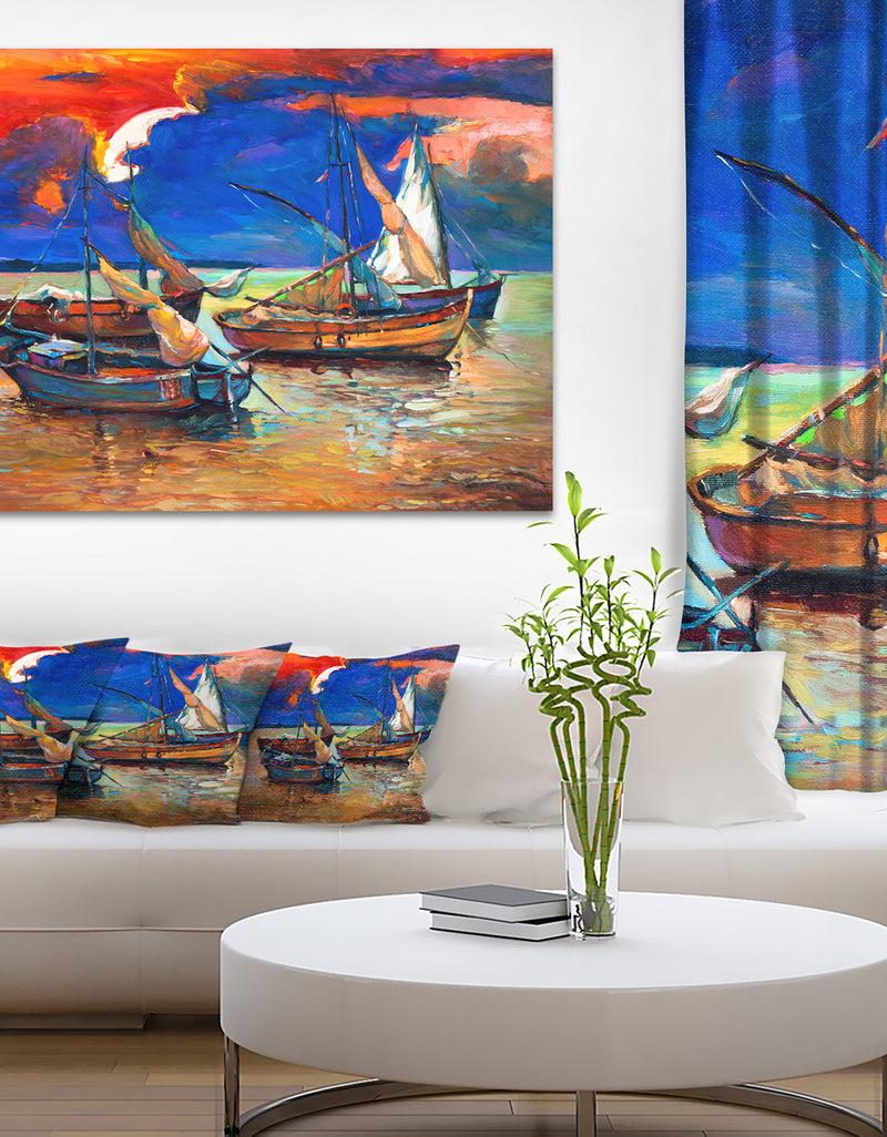 DesignQ Fishing Boats Under Blue Sky - Seascape Painting Canvas Print