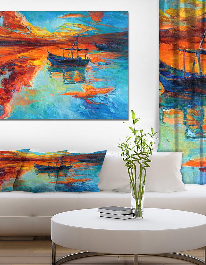DesignQ Fishing Sailing Boat at Red Sunset - Sea & Shore Painting Print on Wrapped Canvas