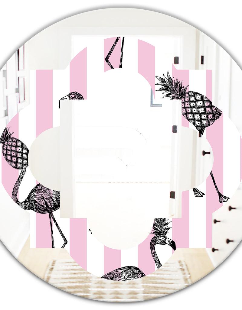 DesignQ Flamingo On Pink - Modern Round Or Oval Wall Mirror - Quatrefoil