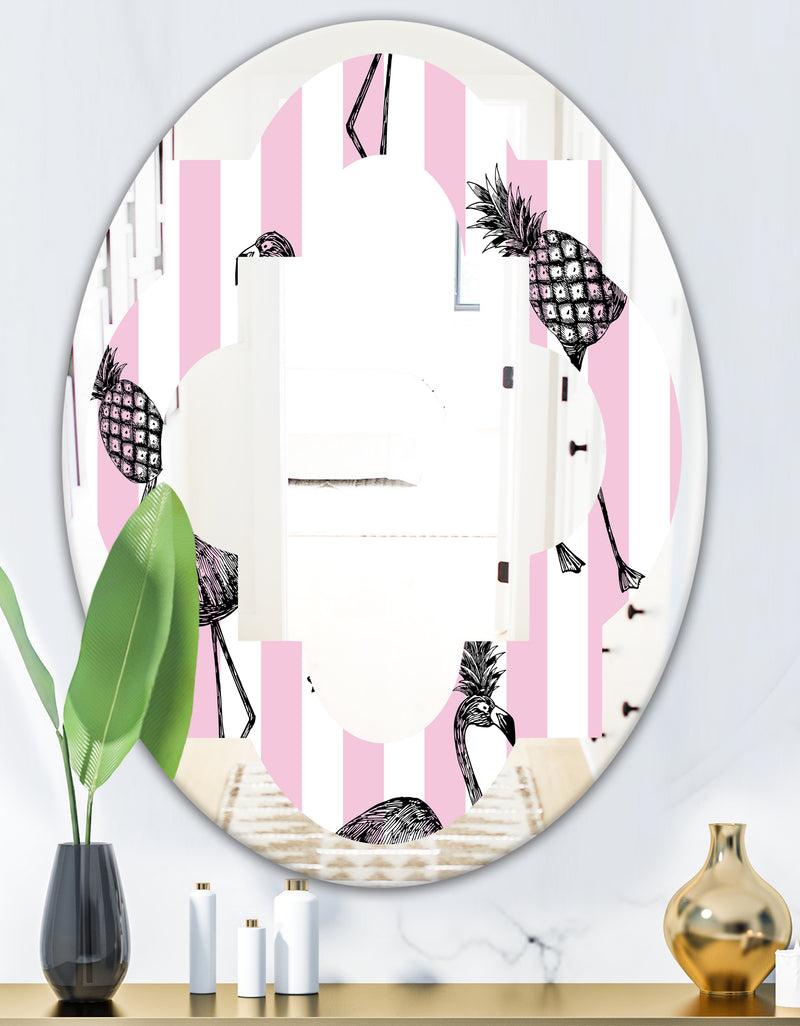 DesignQ Flamingo On Pink - Modern Round Or Oval Wall Mirror - Quatrefoil