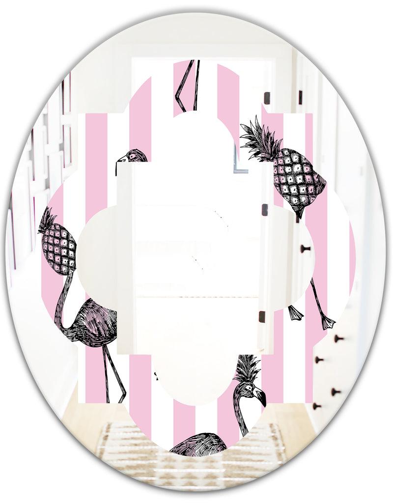 DesignQ Flamingo On Pink - Modern Round Or Oval Wall Mirror - Quatrefoil