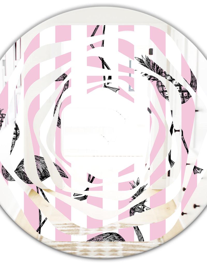 DesignQ Flamingo On Pink - Modern Round Or Oval Wall Mirror - Whirl