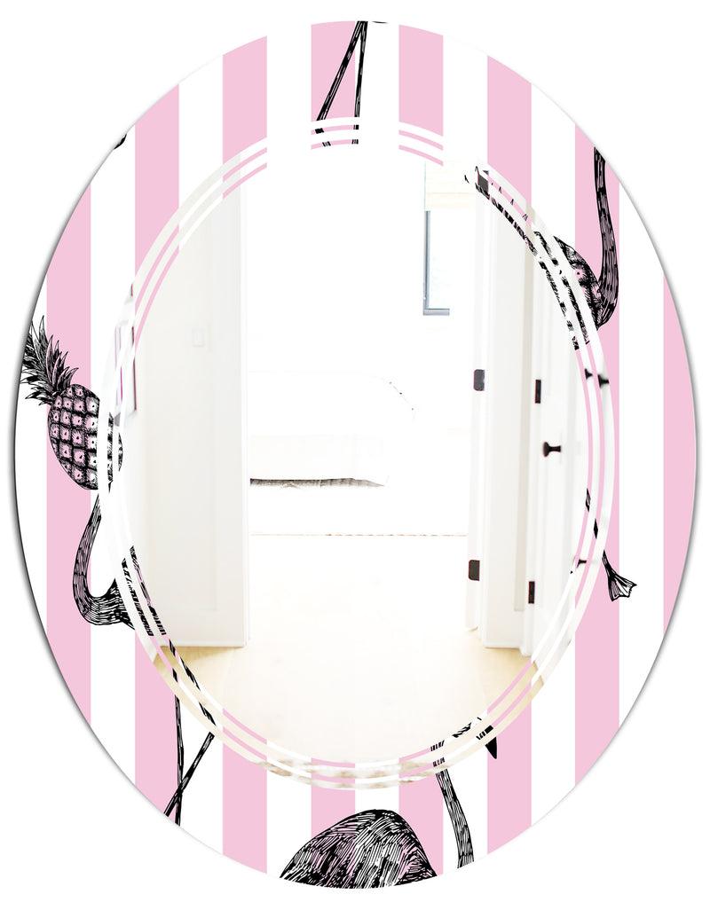 DesignQ Flamingo On Pink - Modern Round Or Oval Wall Mirror - Triple C