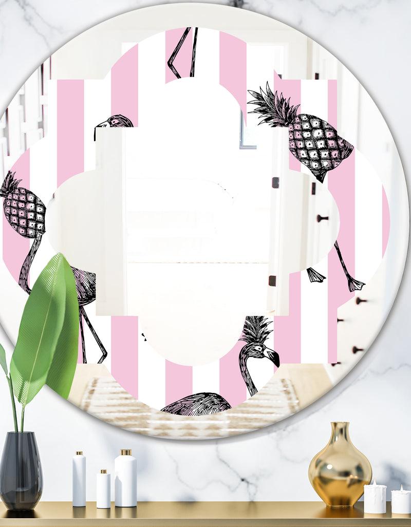 DesignQ Flamingo on Pink - Modern Round or Oval Wall Mirror - Quatrefoil