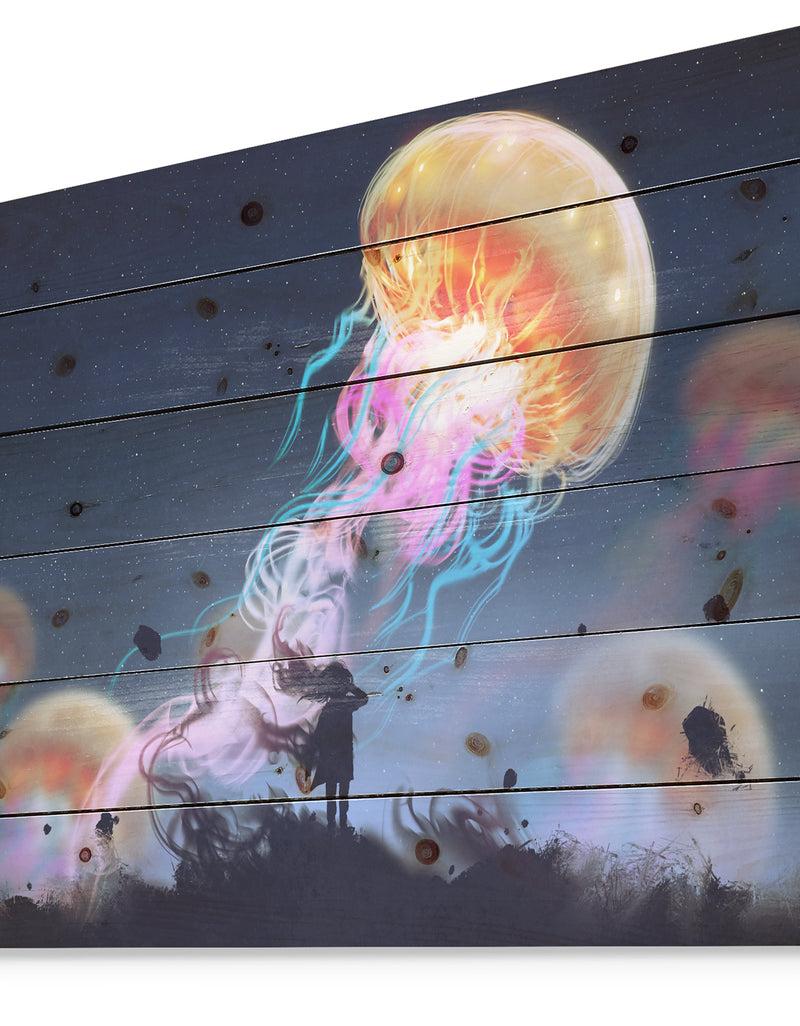 DesignQ Floating Giant Jelly Fish - Animals Painting Print On Natural Pine Wood