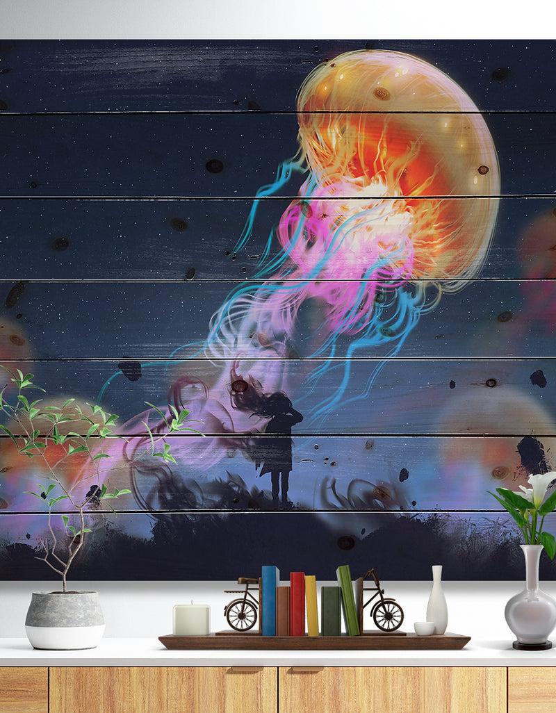 DesignQ Floating Giant Jelly Fish - Animals Painting Print on Natural Pine Wood